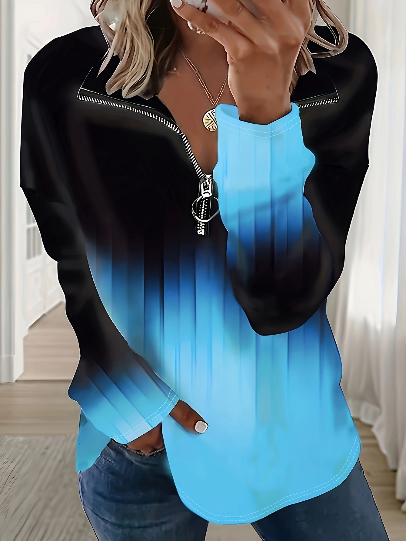 Plus o'lcham Ombre chop etilgan yarim zip sviter, ayollar uchun uzun qo'l, kuz qish kundalik