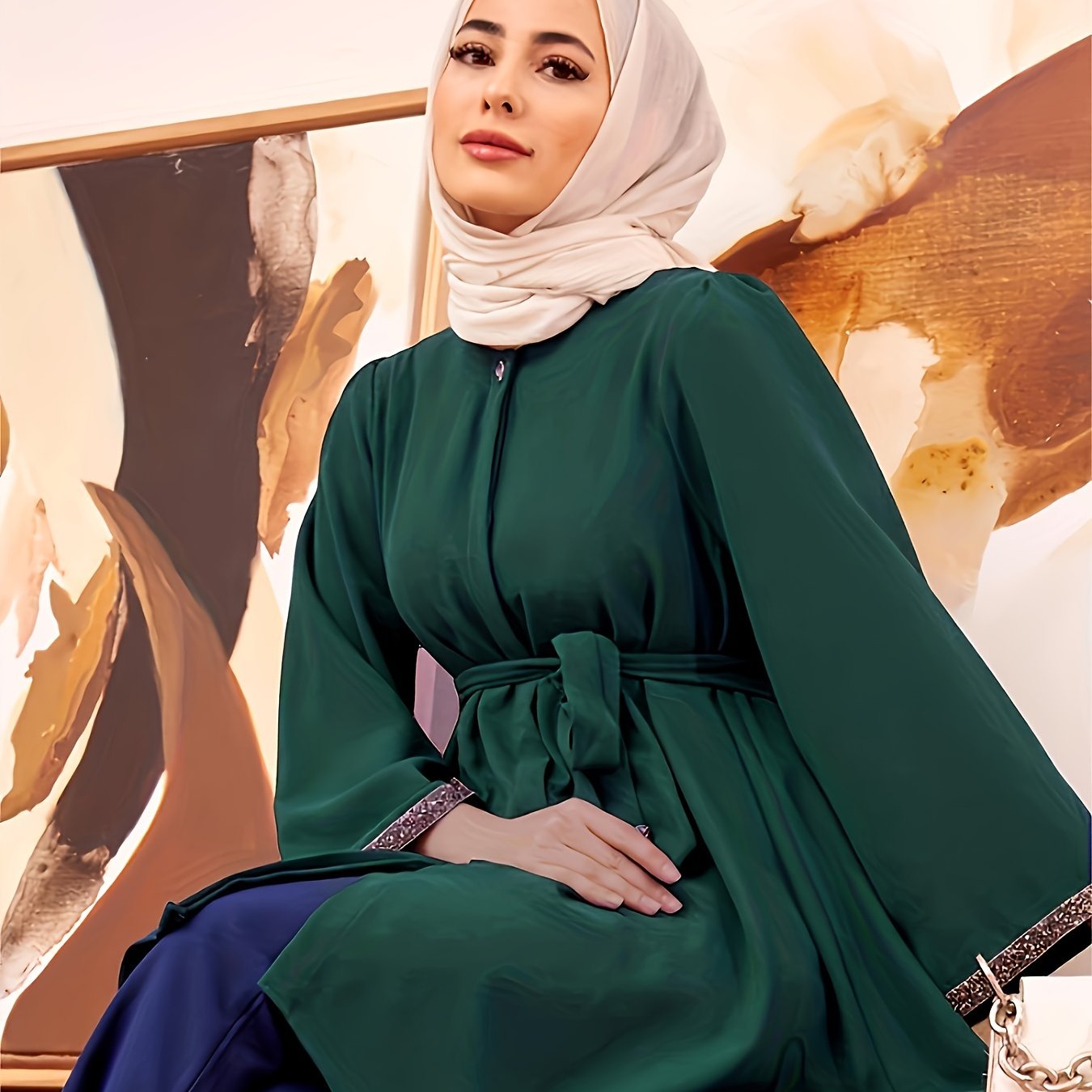 Top midi de mujer con pedrería, manga larga, de poliéster sólido, con cinturón, estilo del Medio Oriente