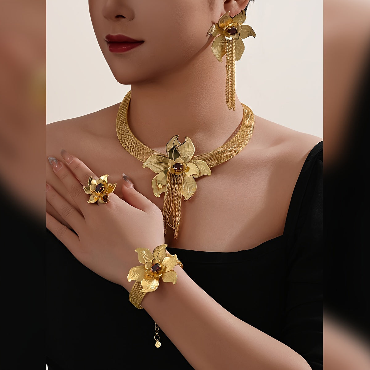 Copper Floral Jewelry Set for Women with Necklace Bracelet Earrings