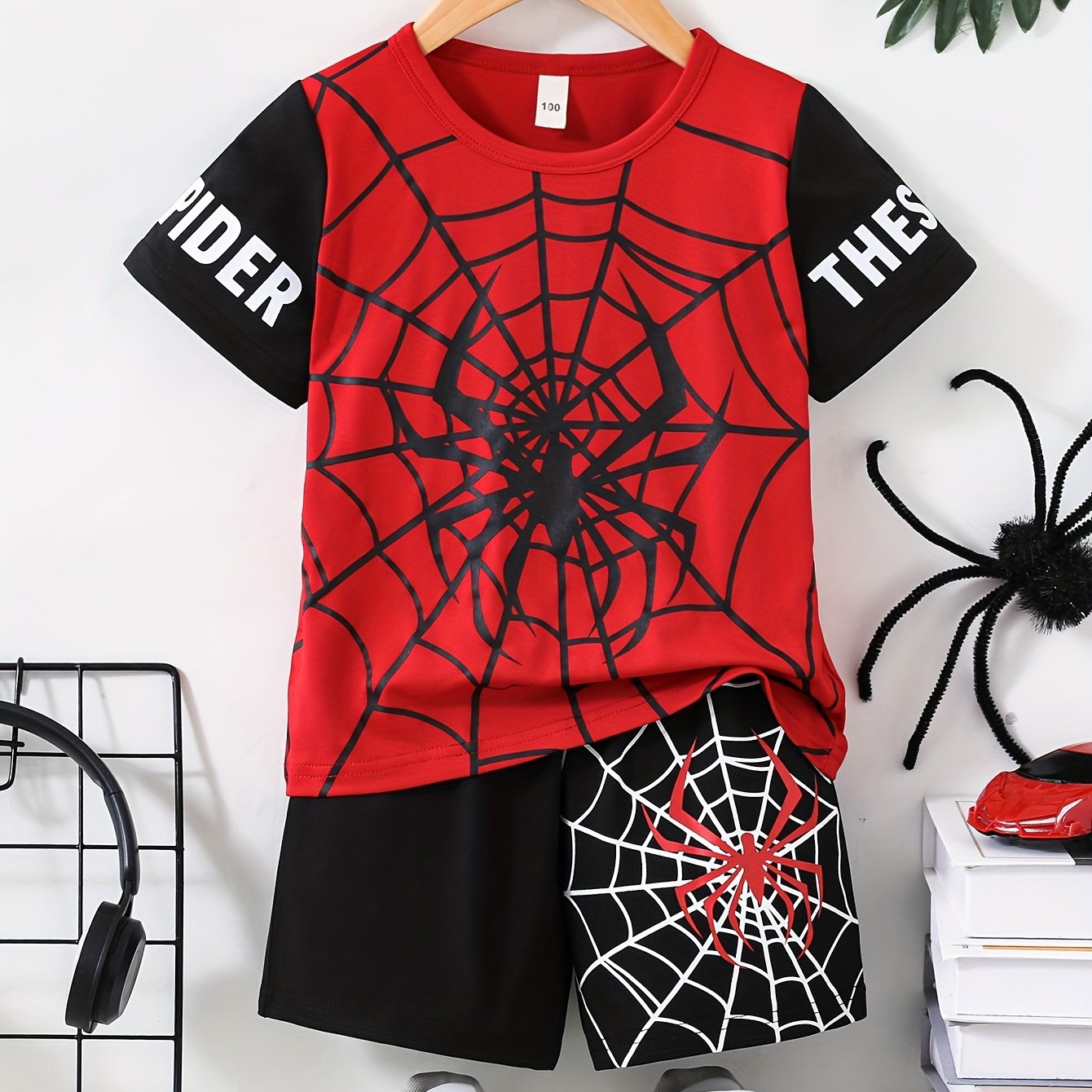 Kids Boys Short Sleeve Set with Spider Pattern Summer Casual Knit Fabric