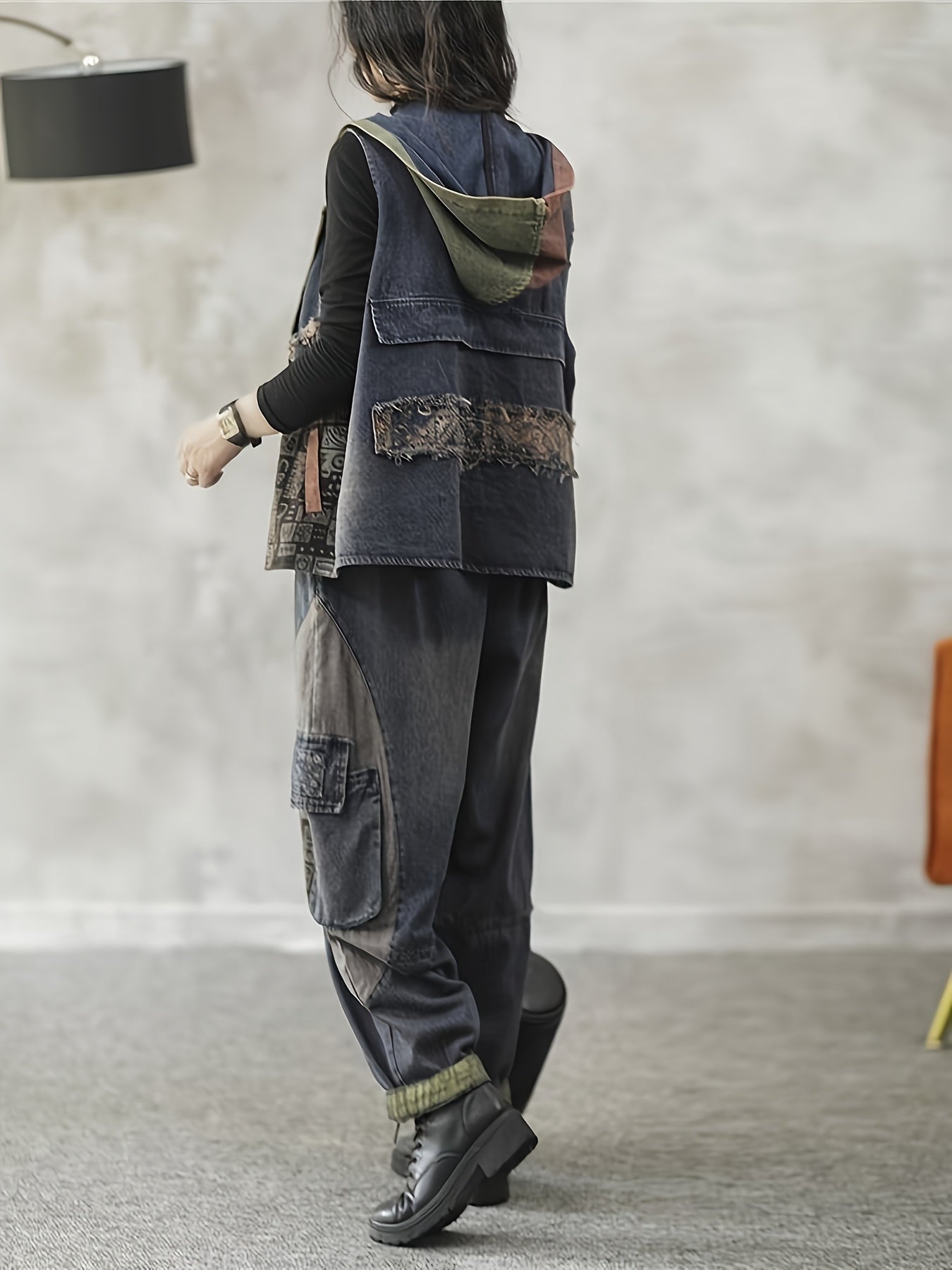 Women's Color Block Hooded Vest Oversized Casual Outerwear