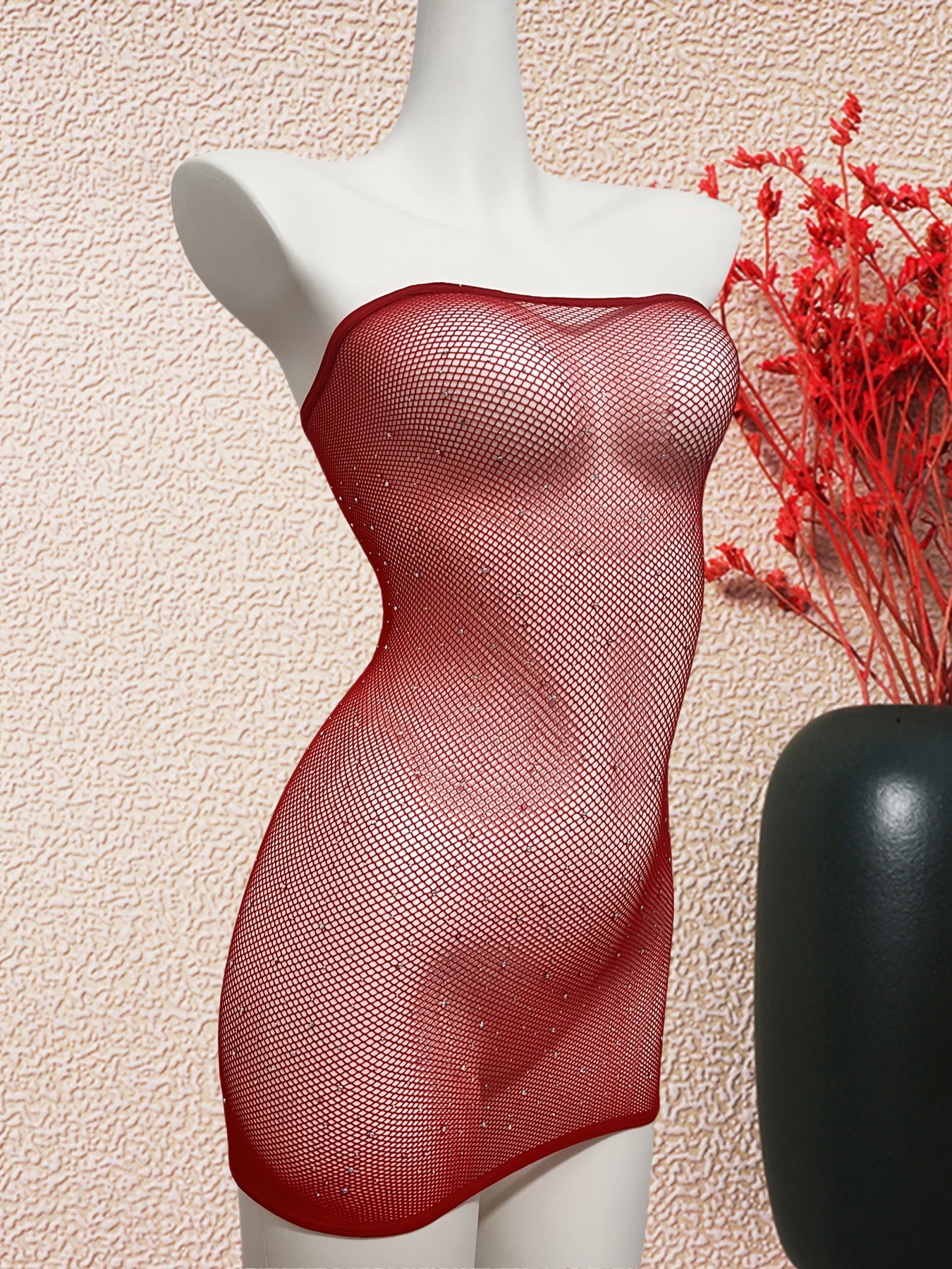 Women's Red Fishnet Bodysuit with Rhinestone Detailing