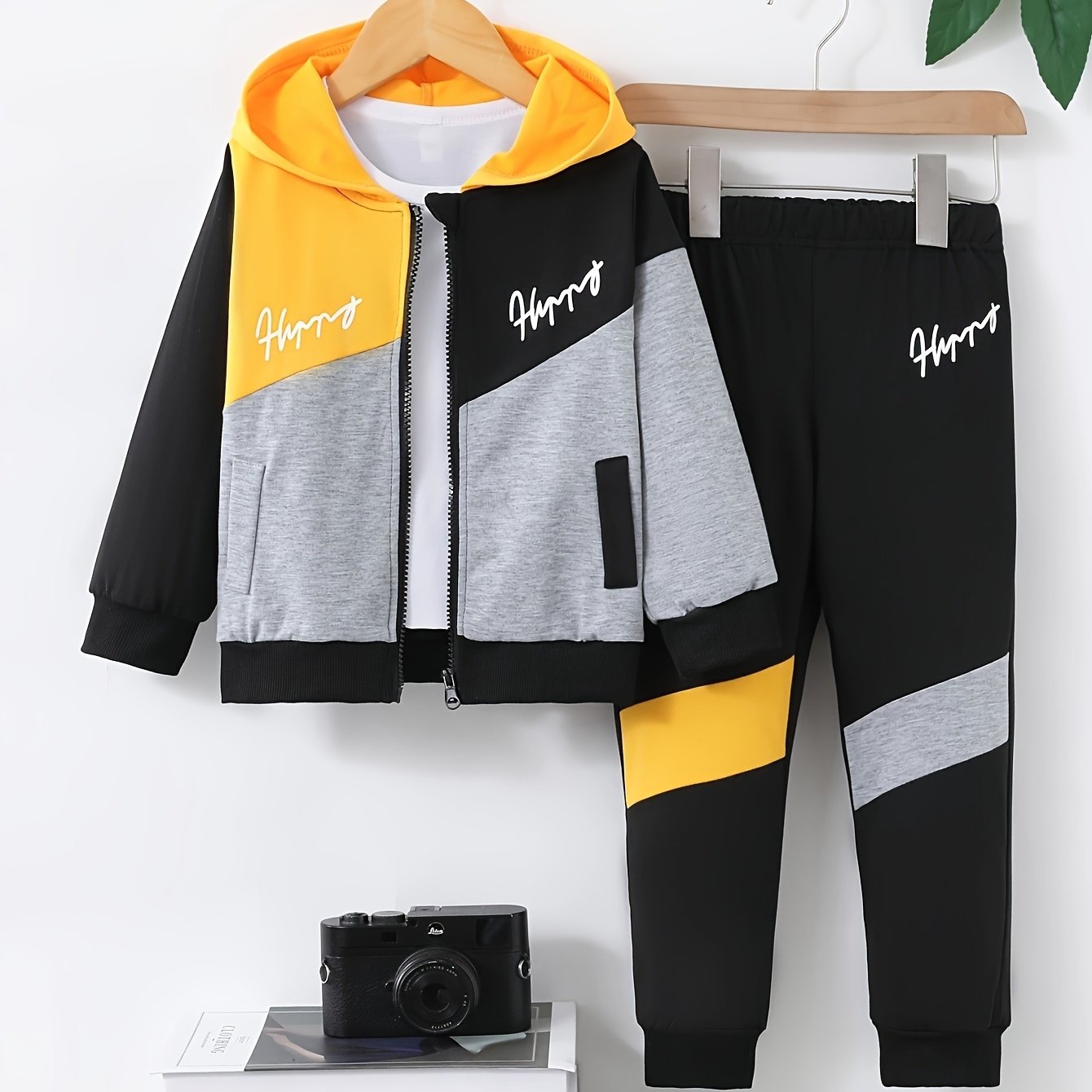 Boys Hooded Jackets Set of Two Zipper Patchwork Letter Print Spring Fall Polyester