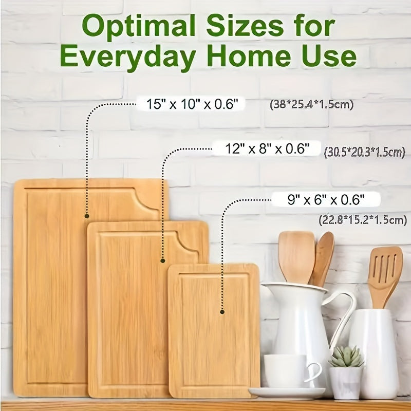 Set of 3 Bamboo Cutting Boards with Juice Grooves, Durable, Easy Handle