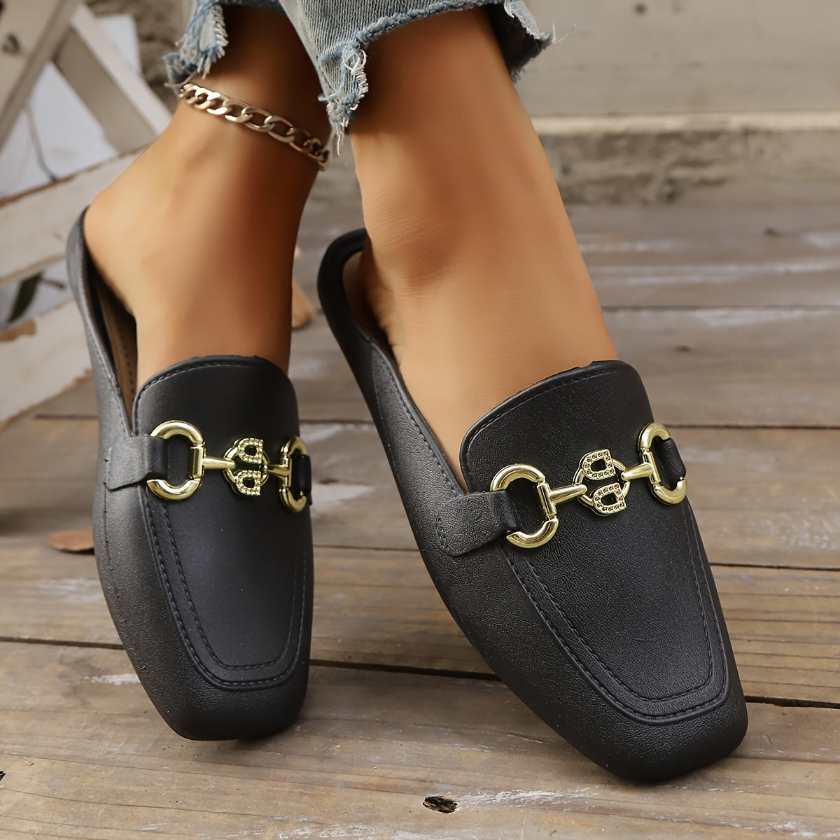 Women's Square Toe Slip-On Flats Breathable TPU Casual Shoes with Gold Chain
