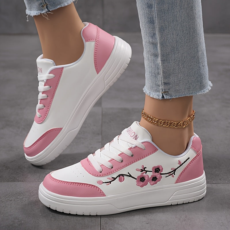 Women's Embroidered Pink and White Casual Sneakers with Floral Design