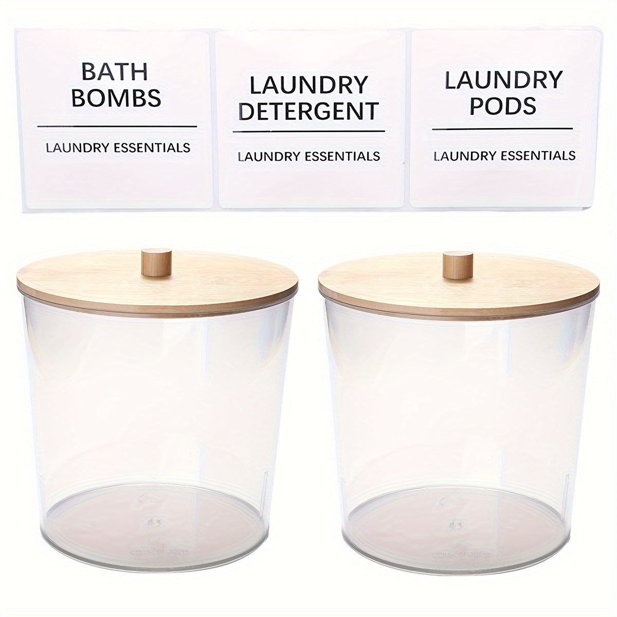 1 yoki 2 ta katta shaffof kir yuvish konteynerlari to'plami, bambuk qopqoq va yorliqlar bilan plastik tarqatish idishlari, kir yuvish xonasi aksessuarlarini, saqlash va tashkil etish uchun mukammal.