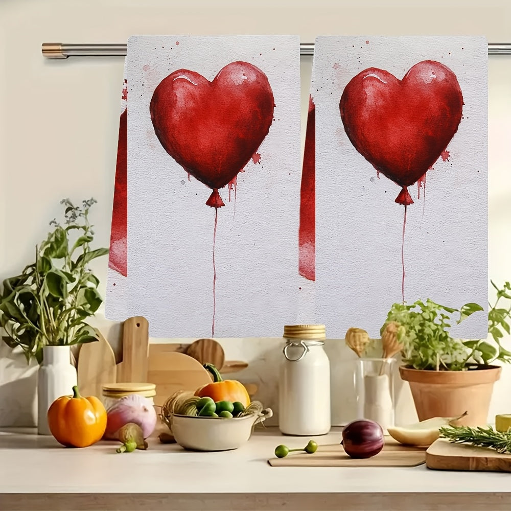 Two Pieces Kitchen Towels Red Heart Balloon Design 16x24 Inches Absorbent