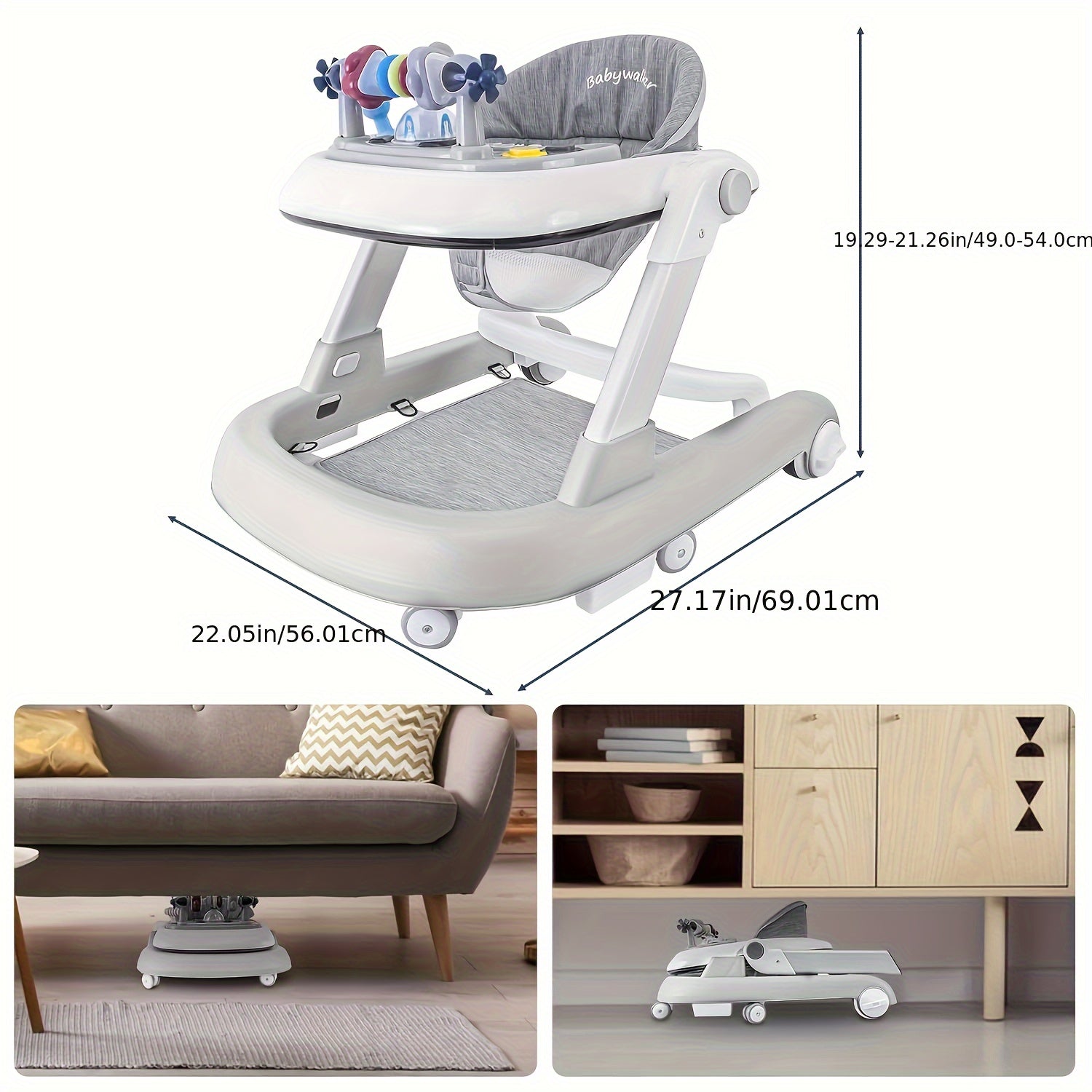 Gray Multi-Functional Baby Walker for Toddlers 6-18 Months with Wheels Seat and Anti-Tip