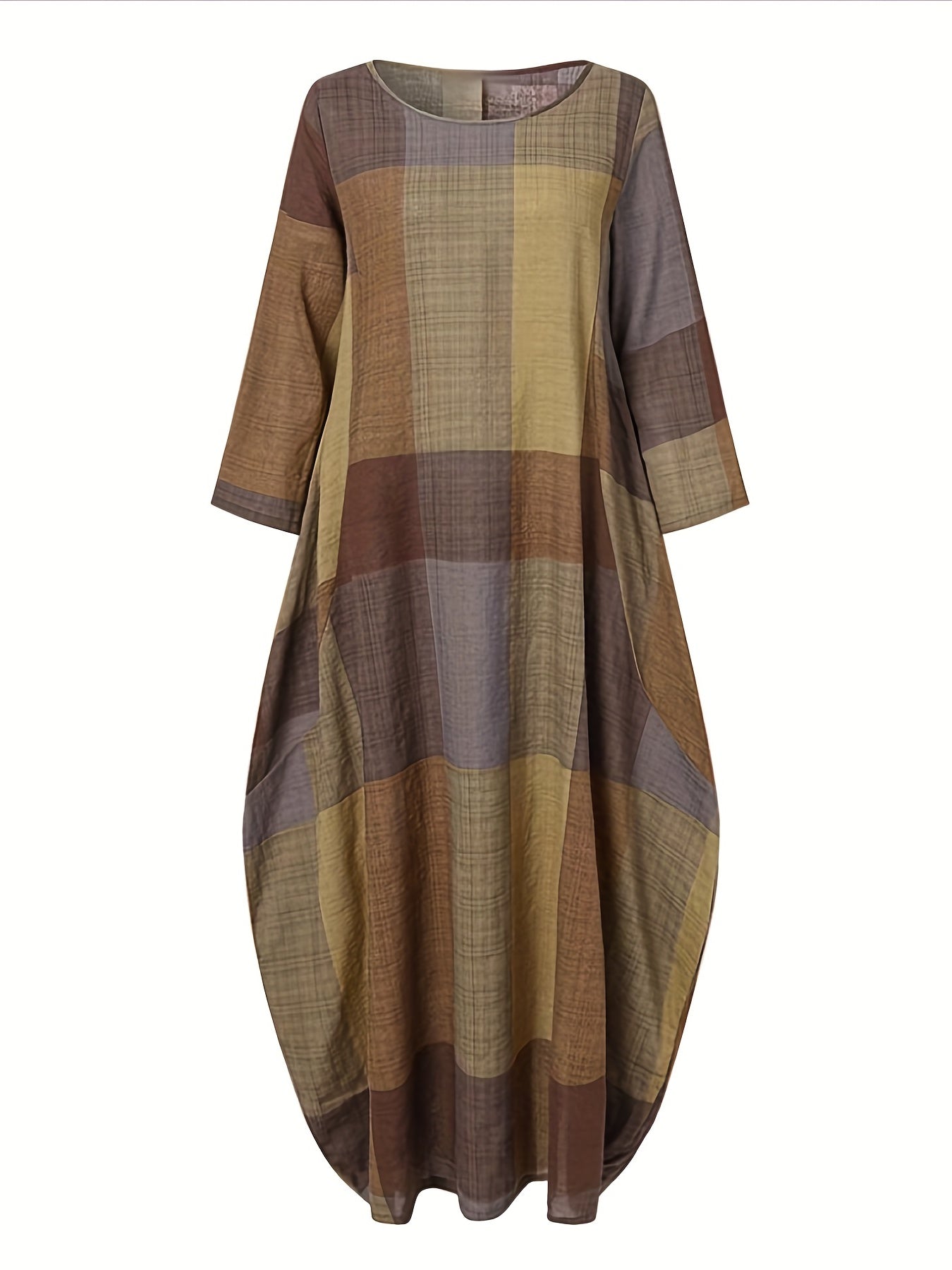 Plus Size Women's Colorblock Grid Print Maxi Dress with Long Sleeves and Round Neck