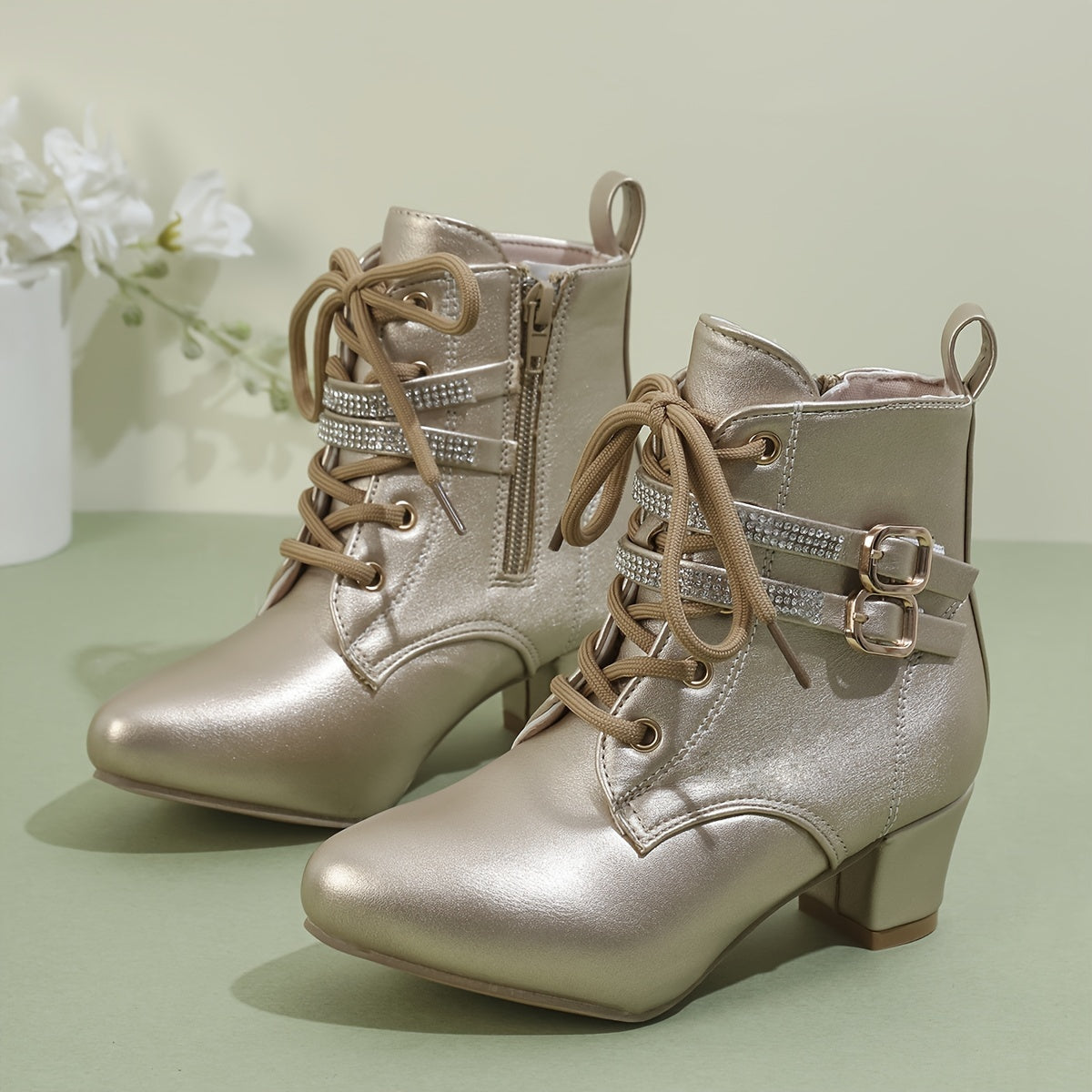 Women's White Ankle Boots with Golden Buckles Side Zipper Chunky Heel