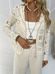 Women's Beige Lace Hooded Cardigan Lightweight Zip-Up Long Sleeve Casual
