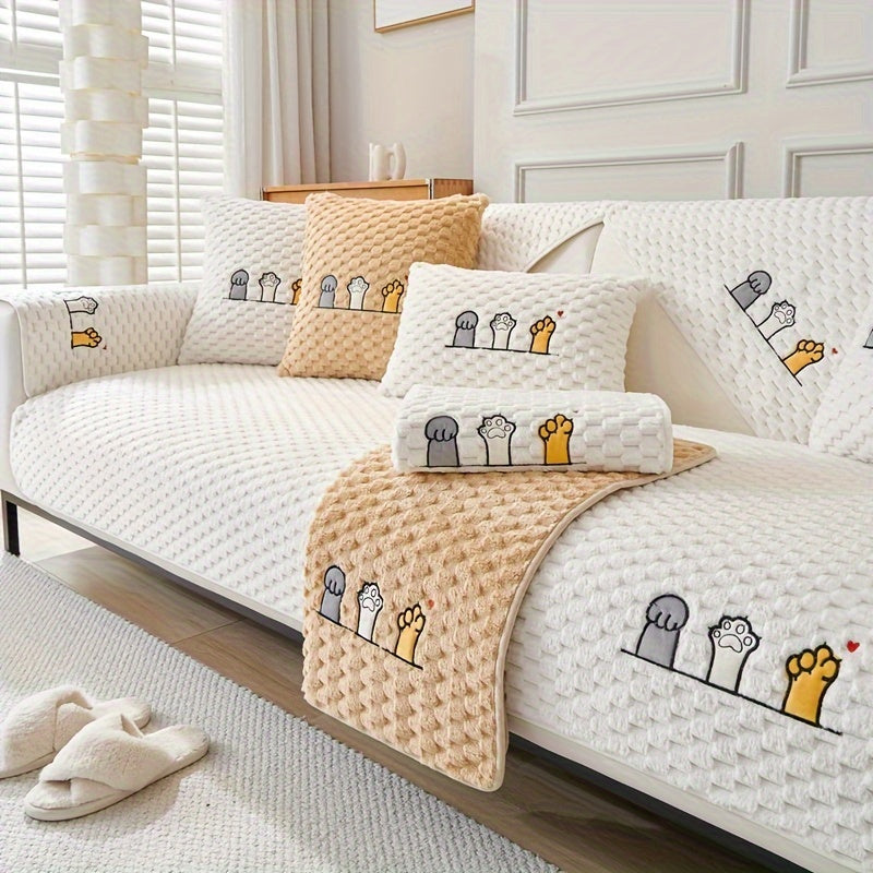 Funda de sofá de terciopelo con bordado de perro de dibujos animados, antideslizante, de felpa gruesa, protector de muebles