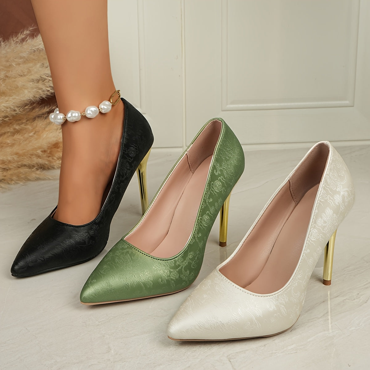 Women's Black Floral Embossed Pointed Toe High Heels with Gold Accents