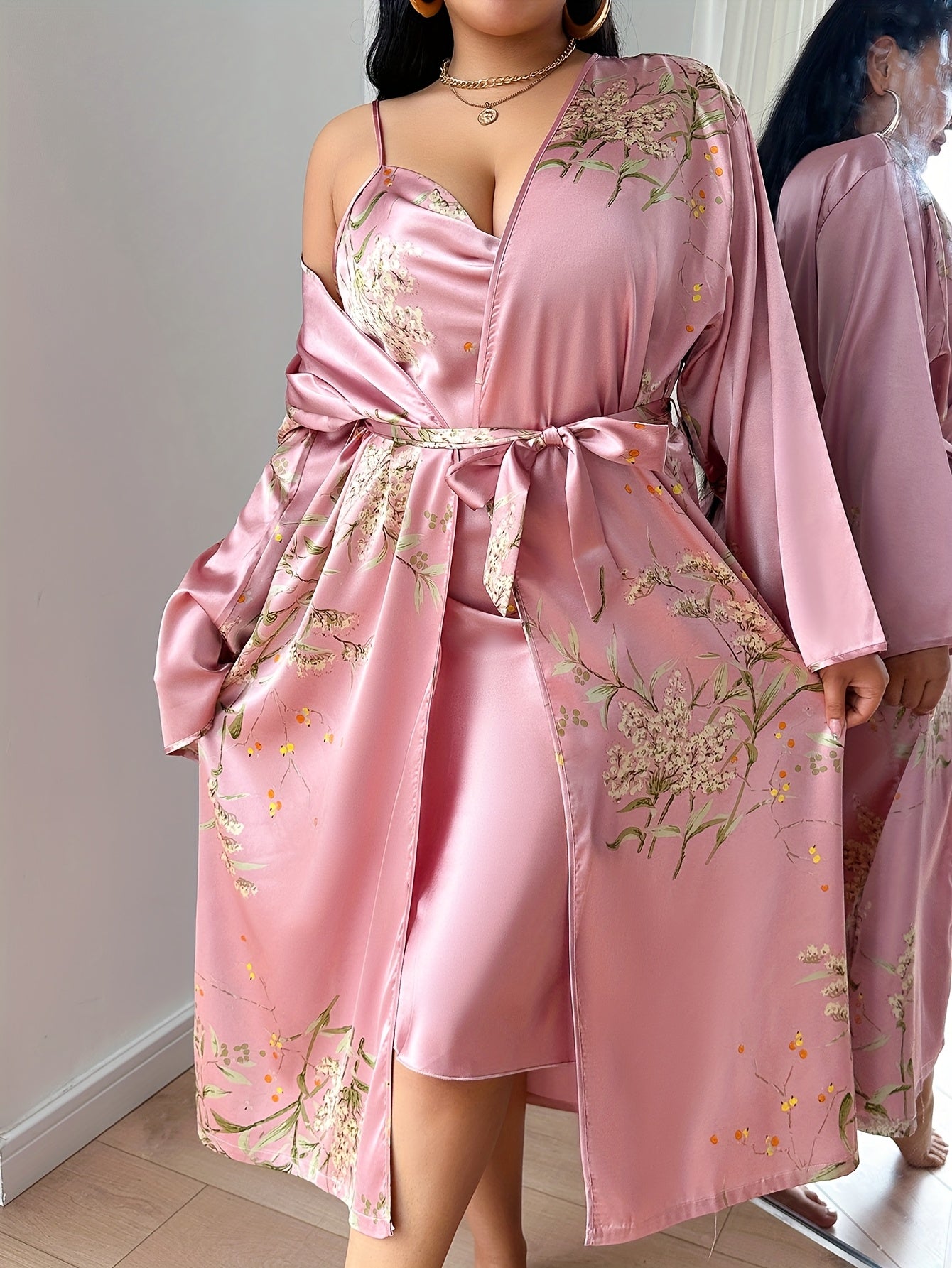 Women Plus Size V-Neck Tie Front Long Robe Floral Print Polyester Lounge Sleepwear