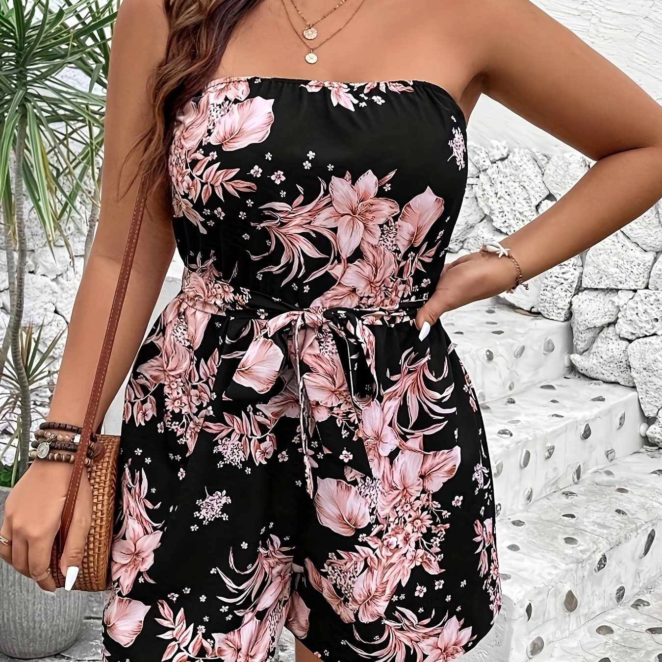 Mono sin tirantes de estampado floral bohemio para mujer, negro y rosa, verano