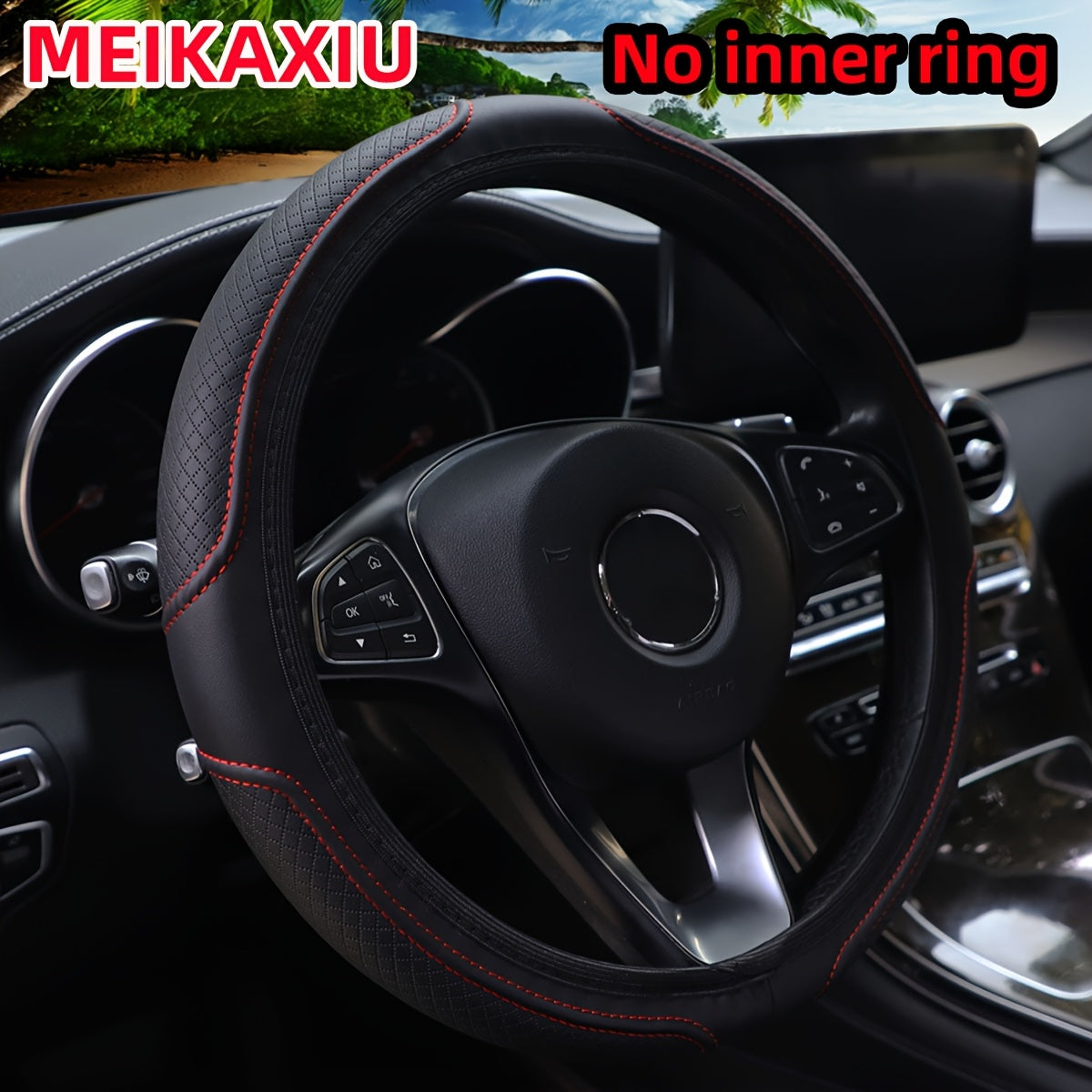 Car Steering Wheel Cover Leather Plaid Non-slip Fit 36.8-38.1cm