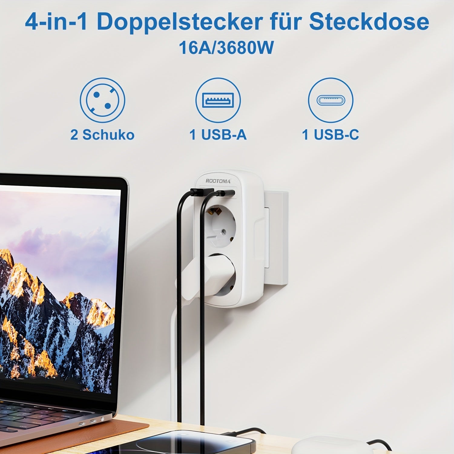 ROOTOMA USB bilan ikki rozetka uchun, uy ofisi uchun 4-in-1 kulrang adapter.