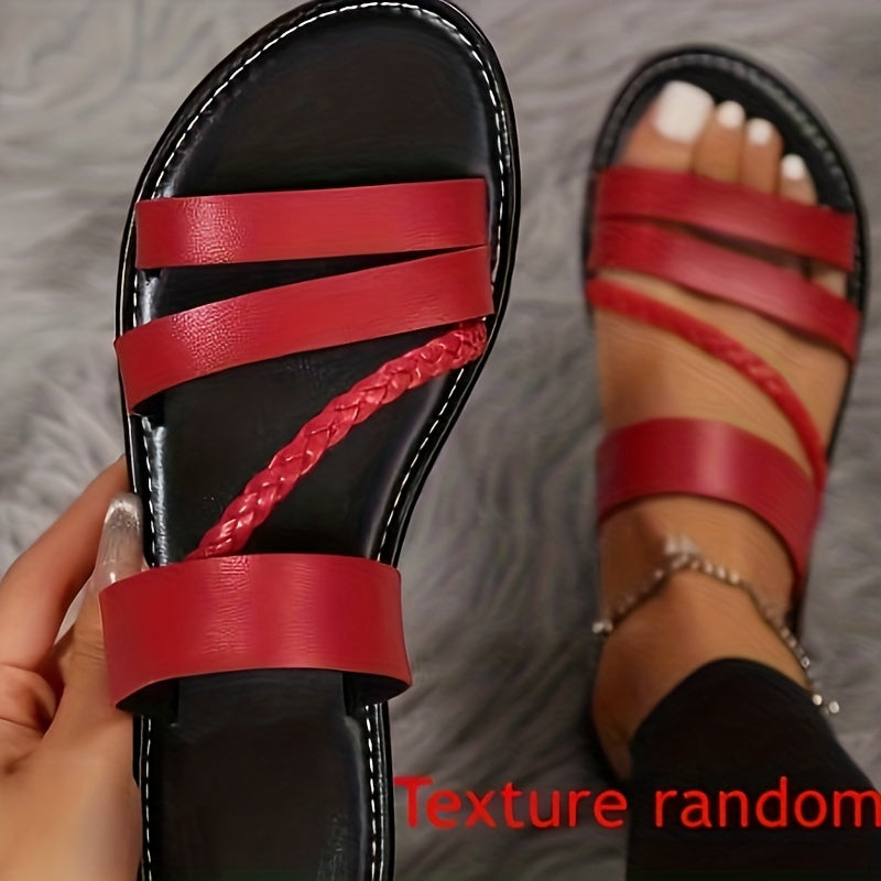 Women's Flat Braided Sandals Casual Summer Open Toe Black Strappy