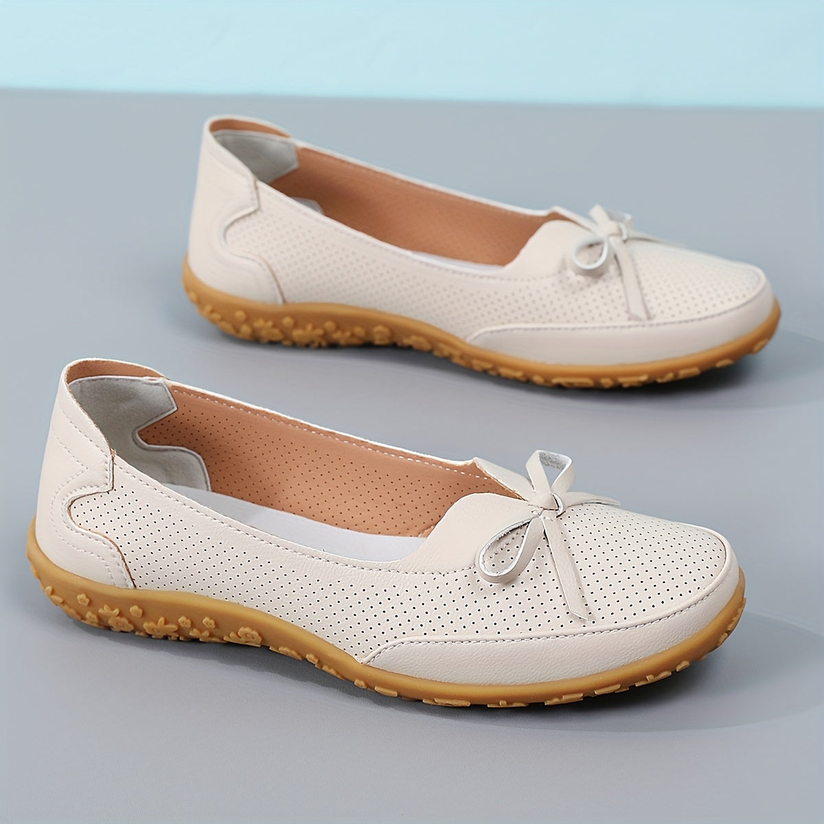 Women's White Slip-On Flats with Bow, Ventilation Holes, Comfortable Sole