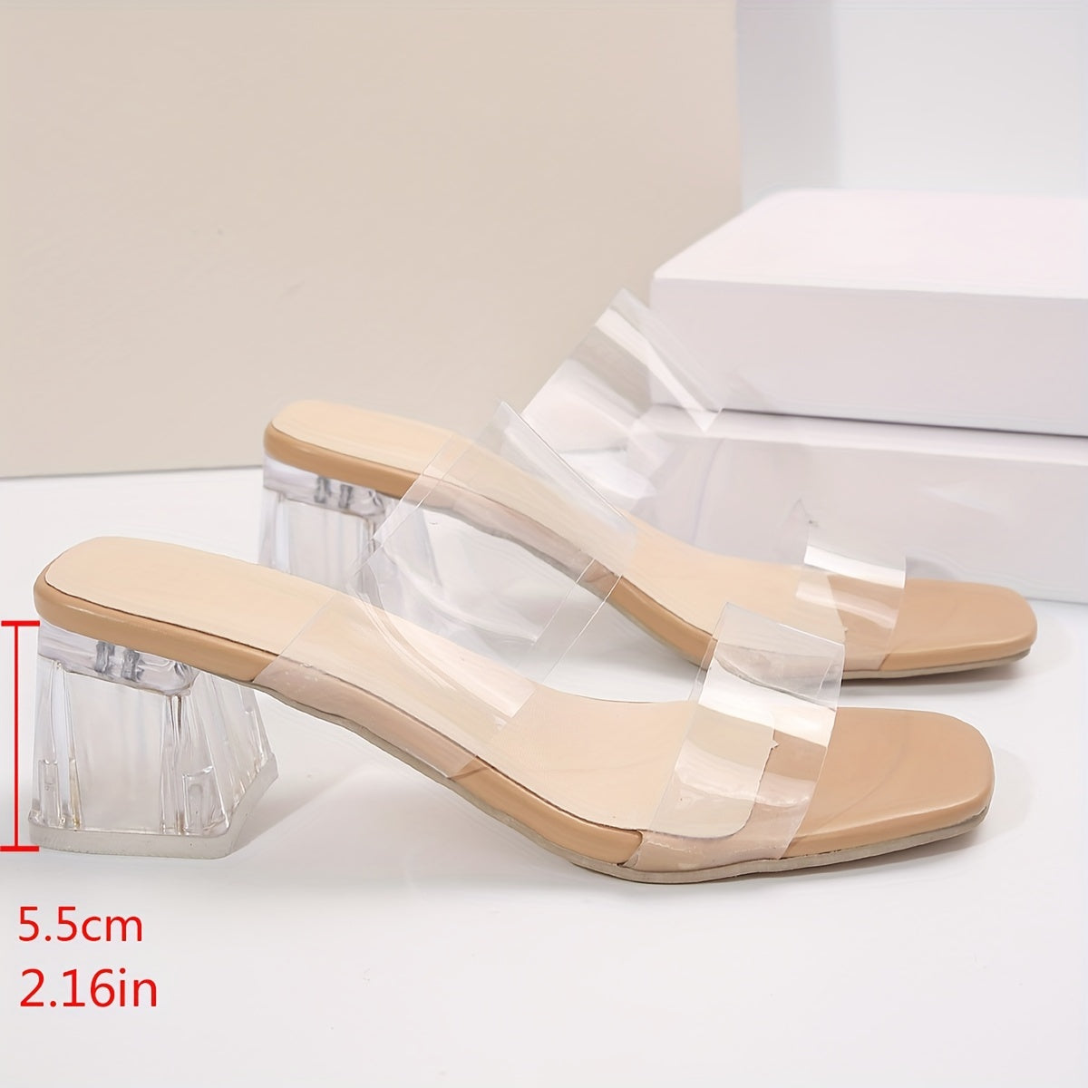 Women's Chunky Heel Sandals with Double Bands and Transparent Design