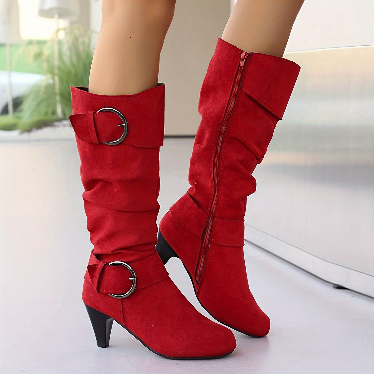 Women's Solid Color Mid Calf Zipper Boots with Chunky Heel Non-slip Outdoor