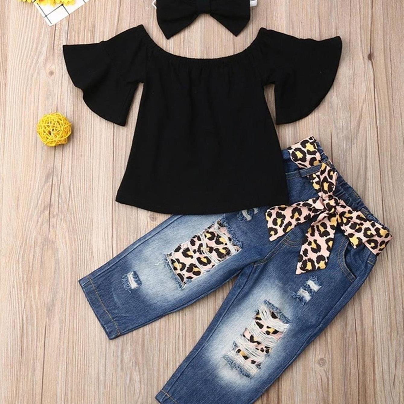 Toddler Girls Clothing Set Off-Shoulder Top Jeans Leopard Belt Headband Spring Fall Casual