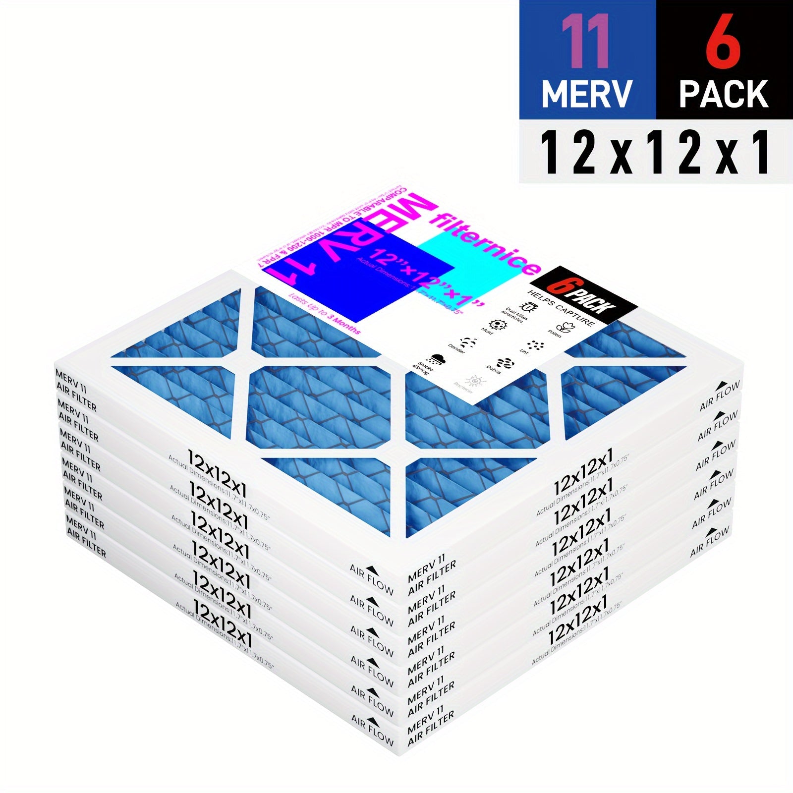 6-Pack MERV 8 11 13 Pleated Air Filters for AC Furnace Home Pet Use