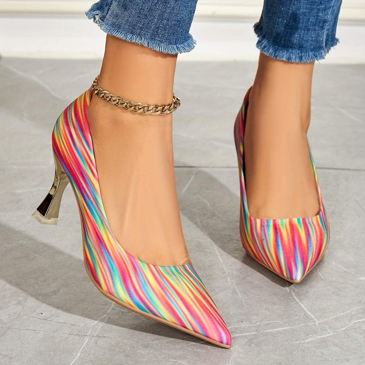 Women's Colorful Striped Pointed Toe High Heels Slip-On Party Pumps