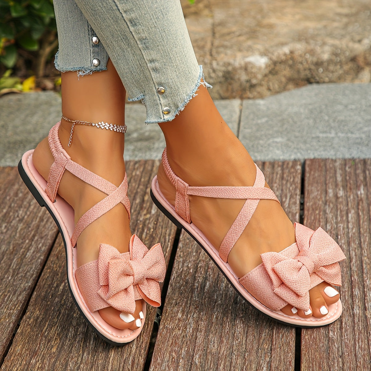Women's Bowknot Strappy Flat Sandals Solid Color Fabric Summer Shoes