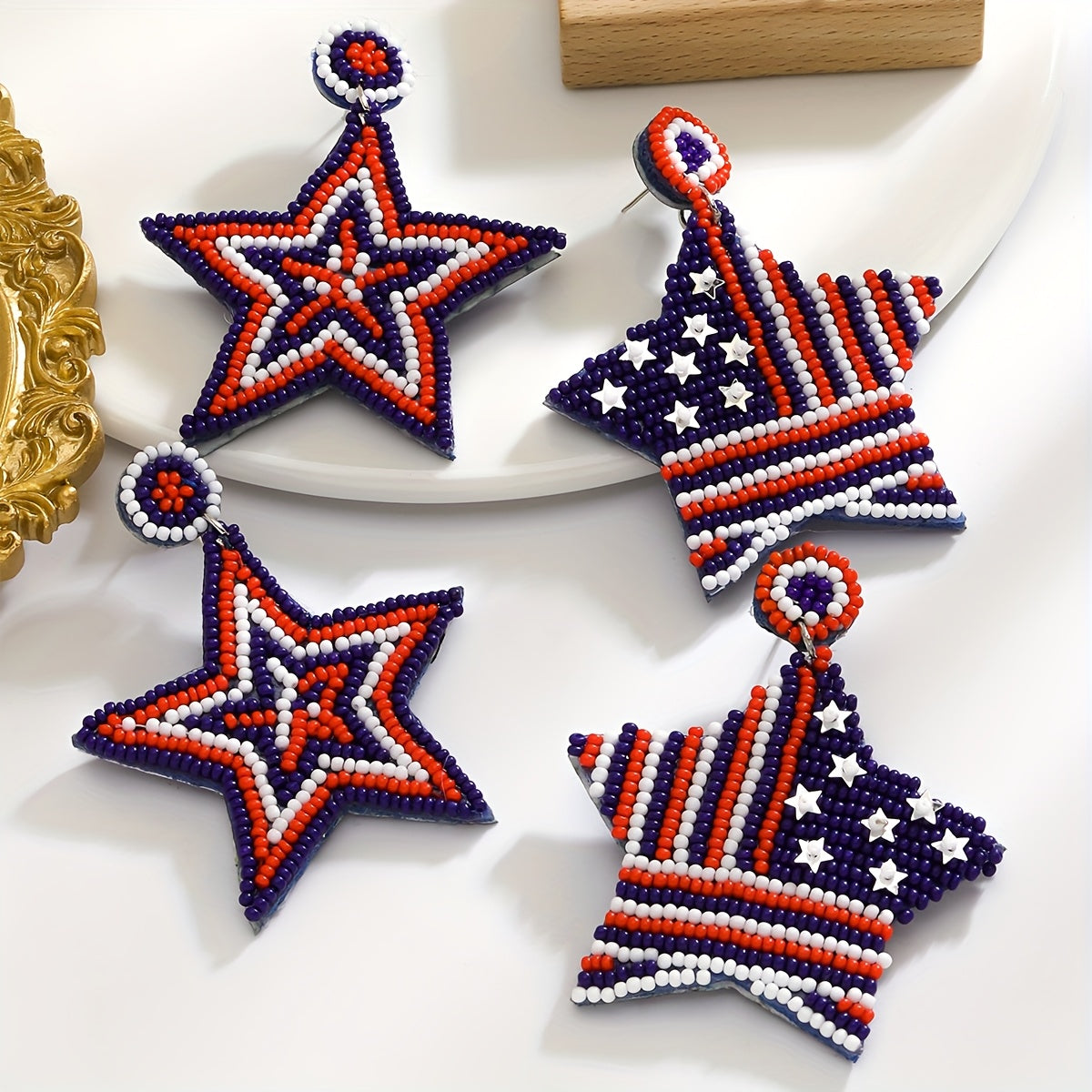 Beaded American Flag Earrings with Celestial Symbols Boho Chic Stainless Steel Posts