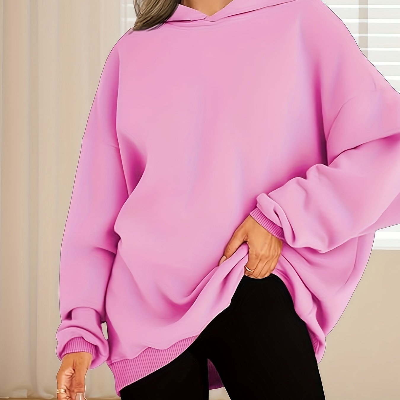 Plus Size Women Hoodie Solid Color Long Sleeve Casual Sweatshirt