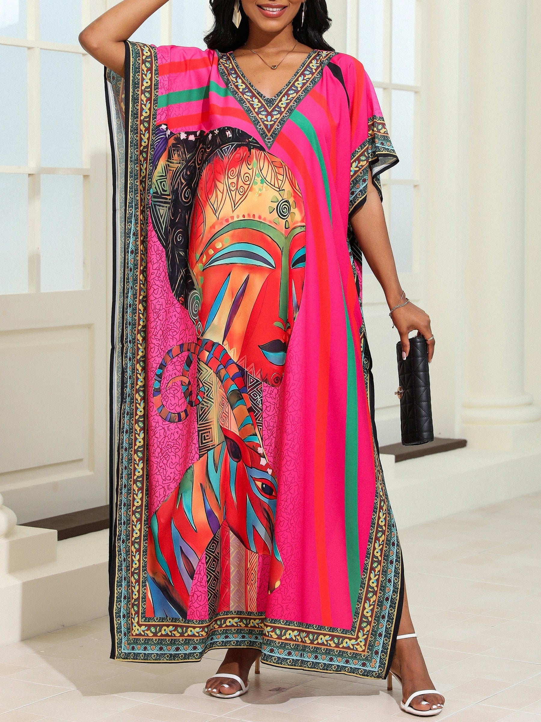 Plus Size Boho Cover Up Dress with V-Neck Short Sleeve Patterned Woven Polyester