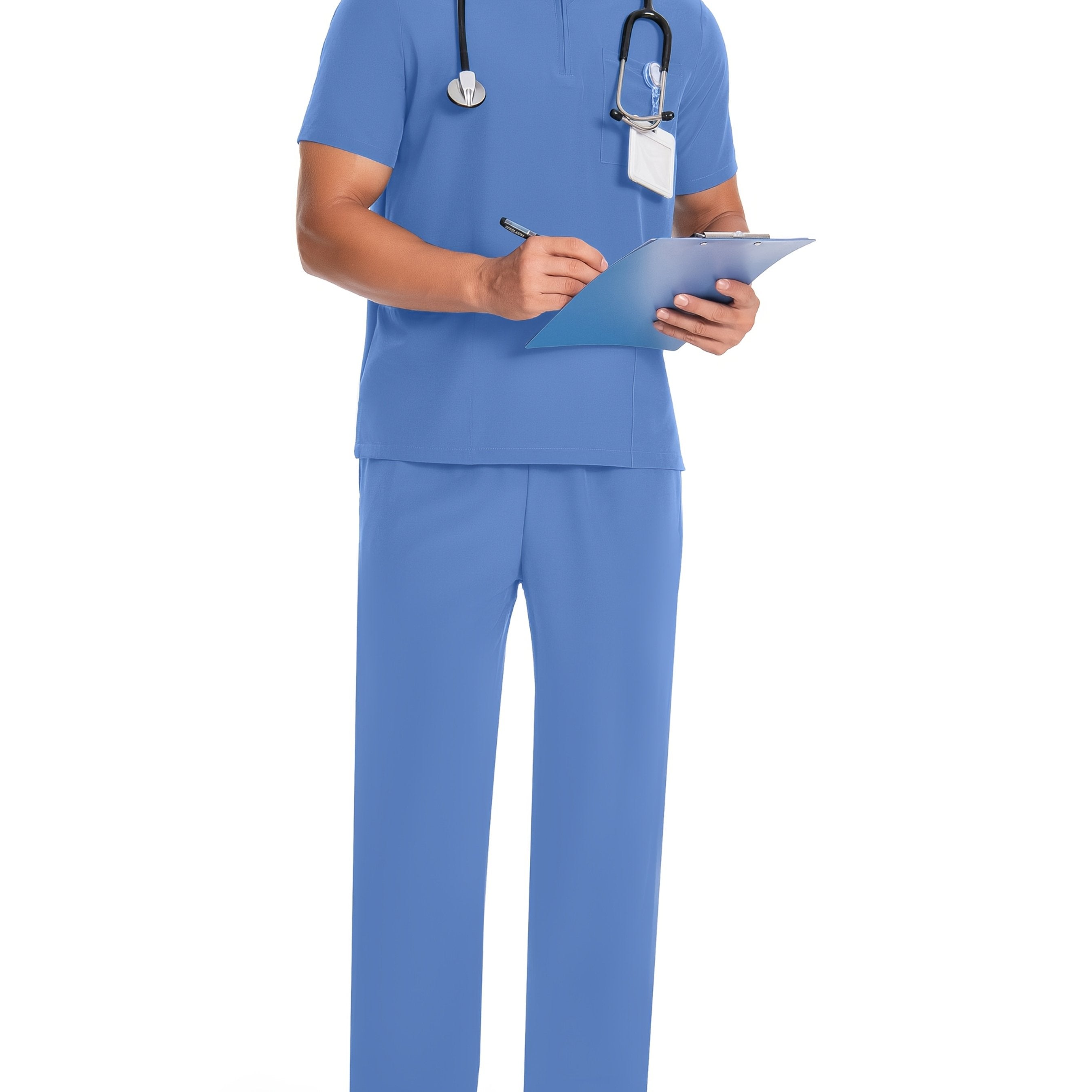 Erkaklar uchun polyester V-shaklidagi qisqa yengli skrub to'plami, bir xil rang, zip detali va elastik bel qismidagi cho'ntaklar, sog'liqni saqlash, laboratoriya, uy hayvonlarini parvarish qilish uchun forma.