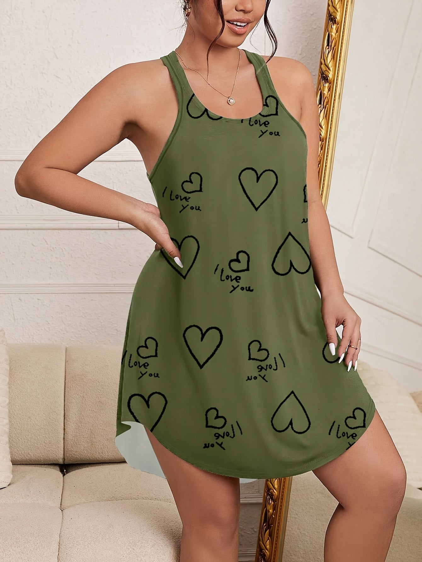 Plus Size Women's Knitted Loungewear Sleep Dress Sleeveless Heart Pattern