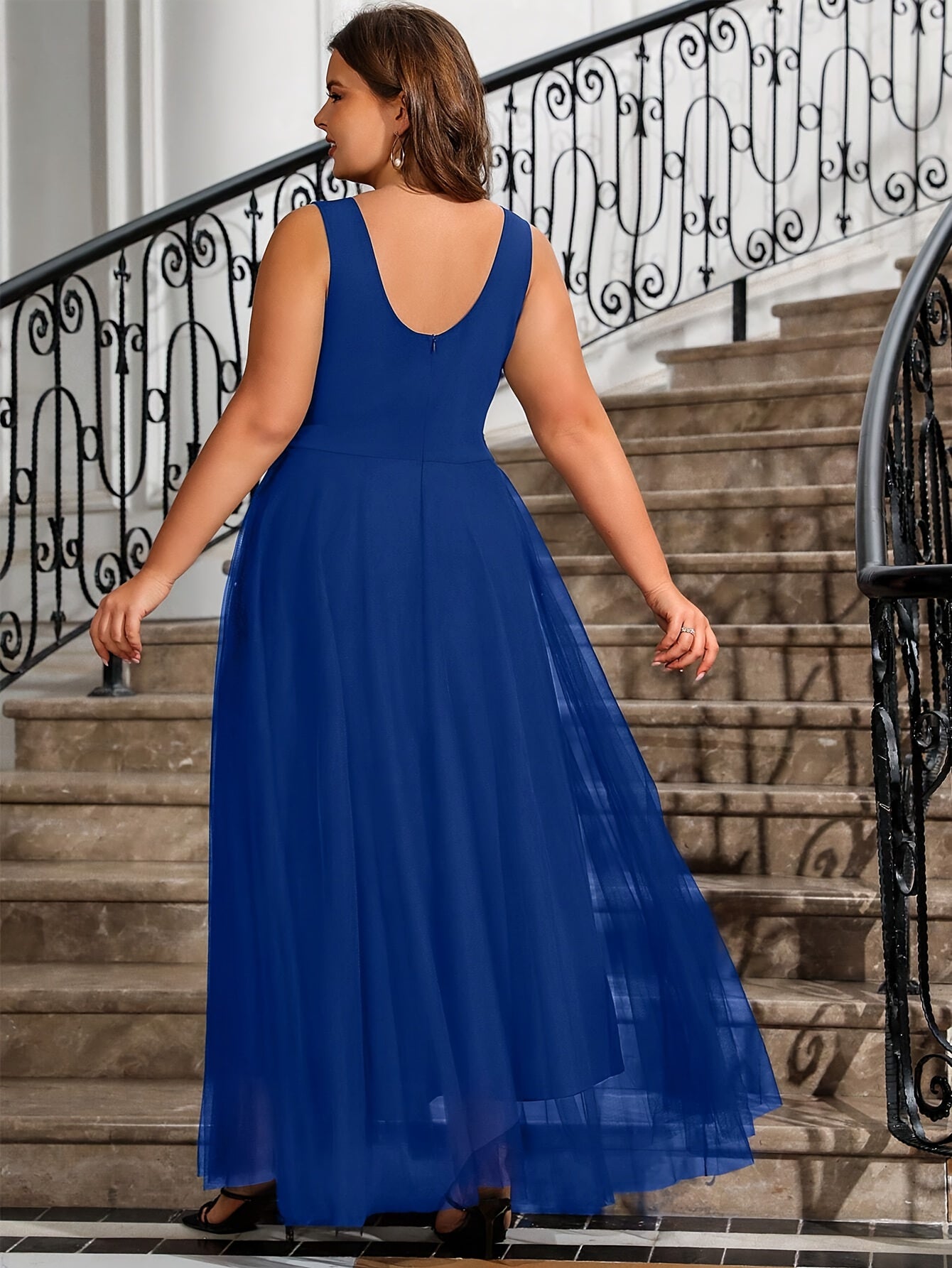 Plus Size Womens Mesh Splicing Beaded Sleeveless Maxi Dress Evening Gown