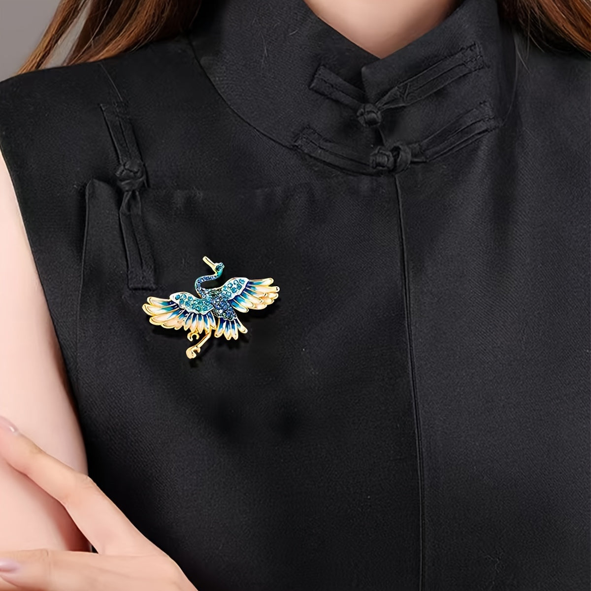 Vintage Blue Crane Brooch Pin Rhinestone Embellished Jewelry for Women or Daily Wear