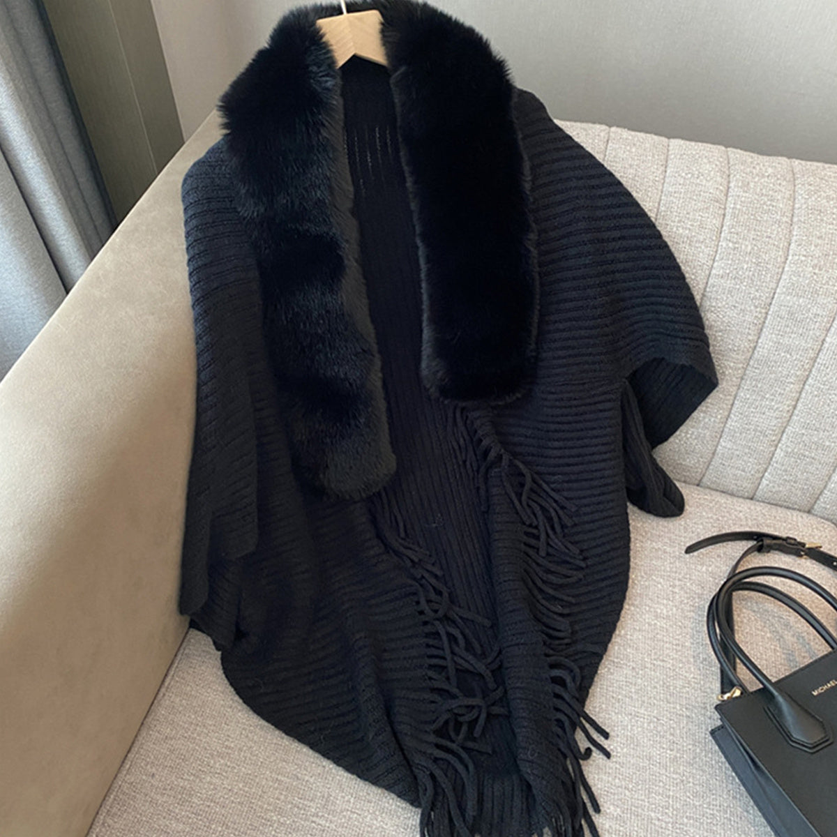 Winter Shawl with Faux Fur Collar Solid Color Loose Fit Knit Wrap Coat