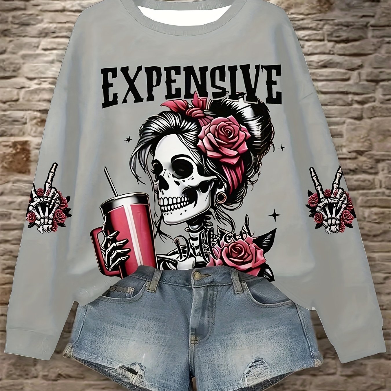 Women's Plus Size Hoodie Long Sleeve Skull Letter Print Casual Pullover