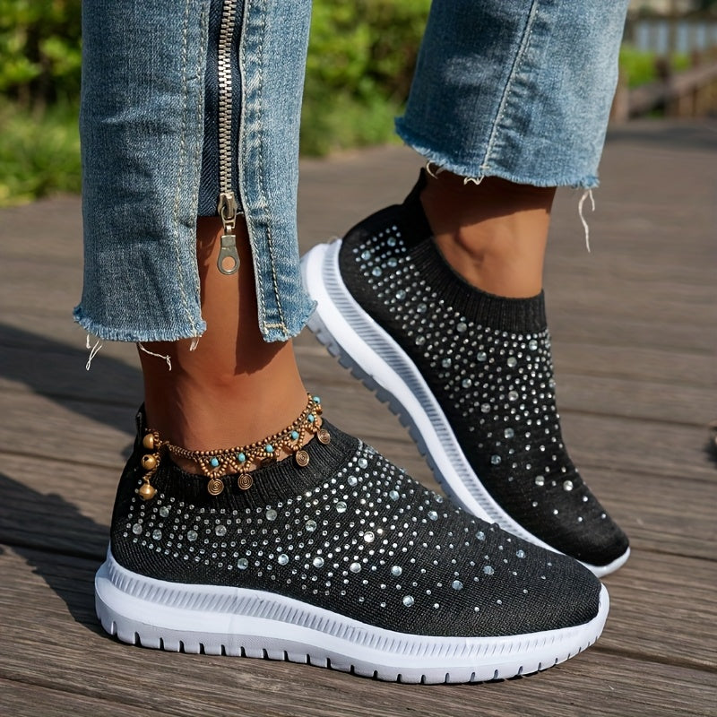 Women's Breathable Slip-On Casual Sneakers with Sparkling Crystal Accents
