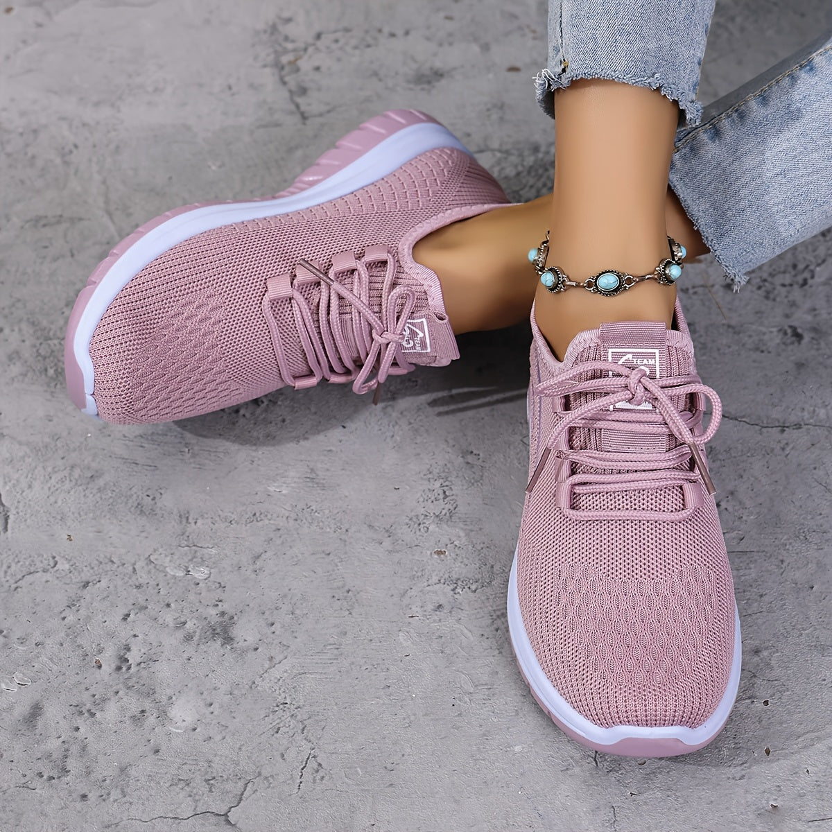 Women's Knitted Running Shoes with Lace-Up, Double-Layer Sole for Walking