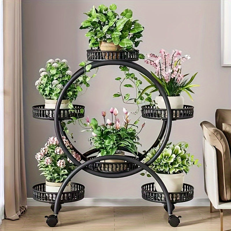 European-Style Metal Hanging Plant Stand with Wheels Multi-Level Indoor Outdoor Circular Design