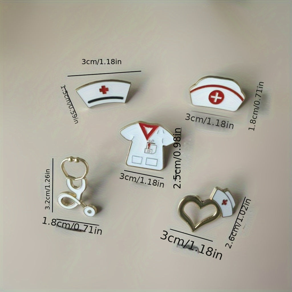 Set of 10 Nurse Themed Heart Brooches with Stethoscope Syringe and Thermometer Charms
