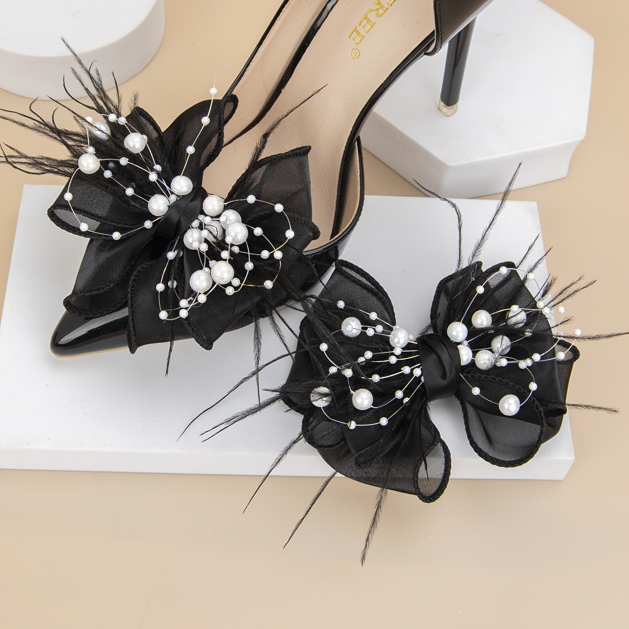 Women Polyester Mesh Bowknot Shoe Clips Beads Wedding Party Accessories