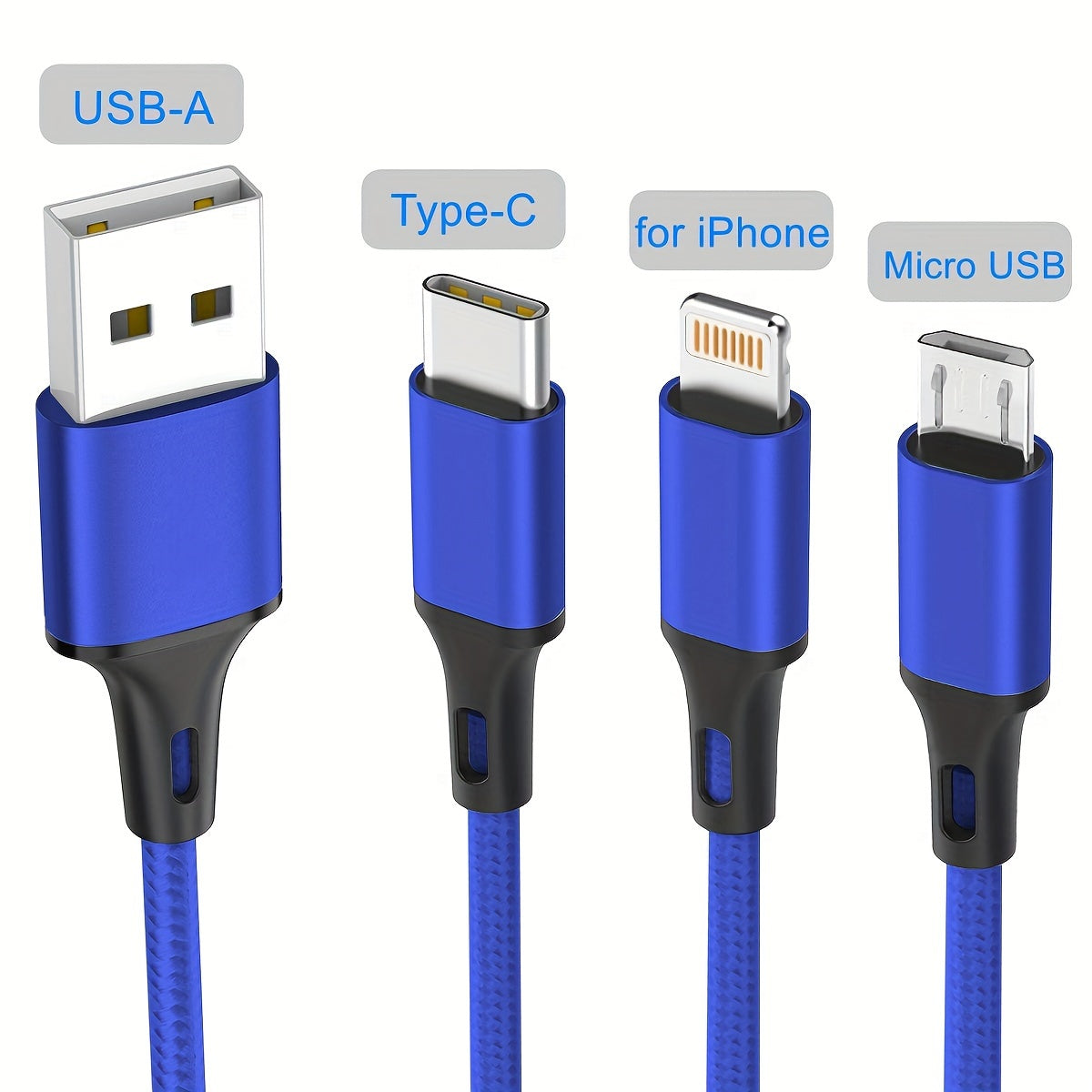 3-in-1 Naylon bilan to‘qilgan zaryadlash kabeli USB dan Lightning Type-C Micro USB gacha 149cm