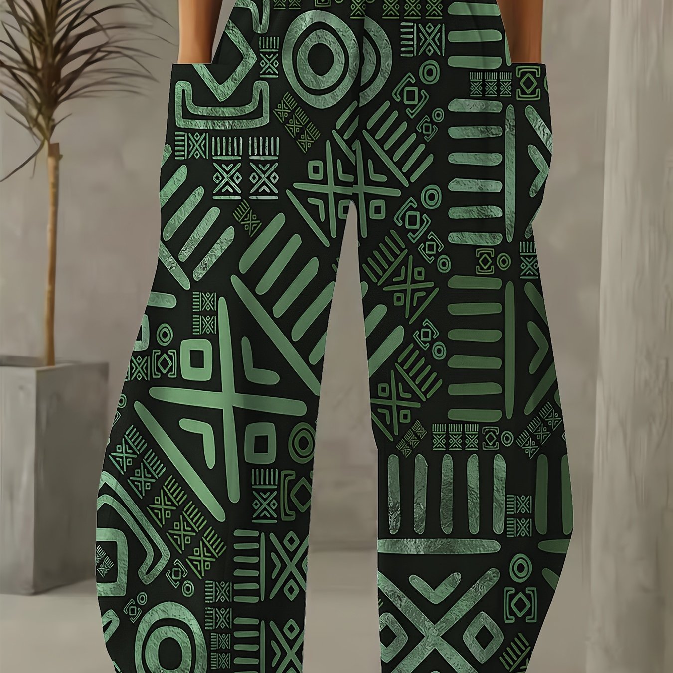Women Wide Leg Pants Stretchy Polyester Vibrant Geometric Print