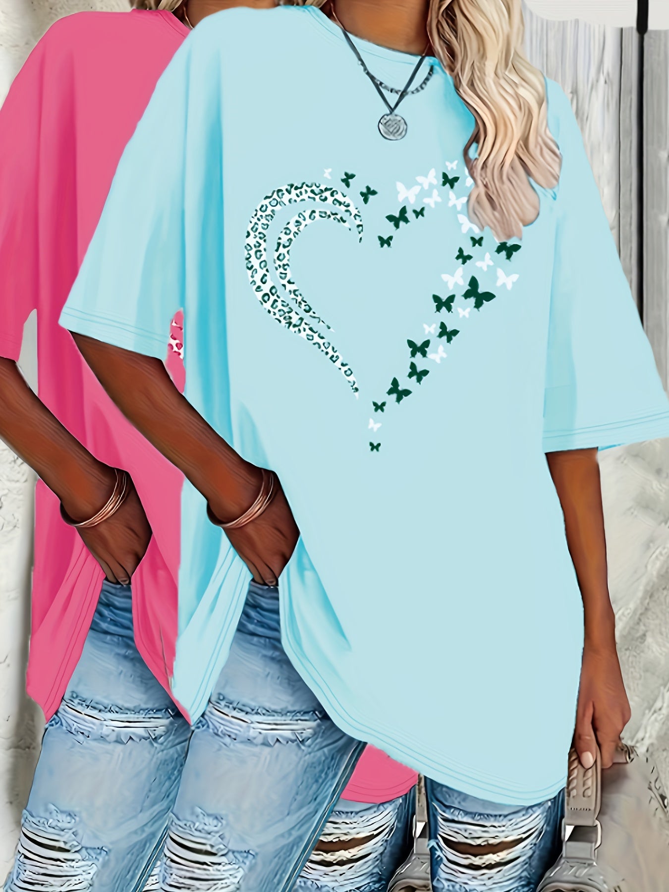 Women's Oversized Short Sleeve T-Shirts Set Heart Print Spring Summer Loose Fit