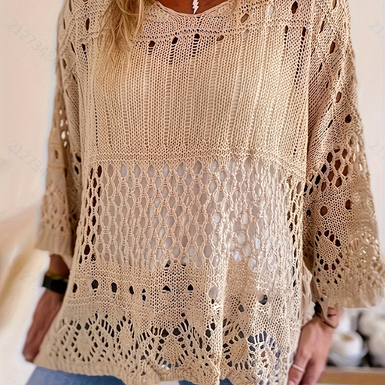 Plus Size Oversized Knitwear Layered Top with Sun Protection and Cut-Out Design