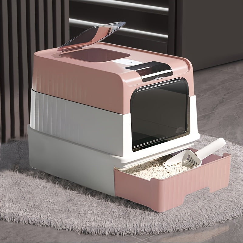 XL Green Cat Litter Box with Easy-Clean Drawer and Scoop Durable Polypropylene