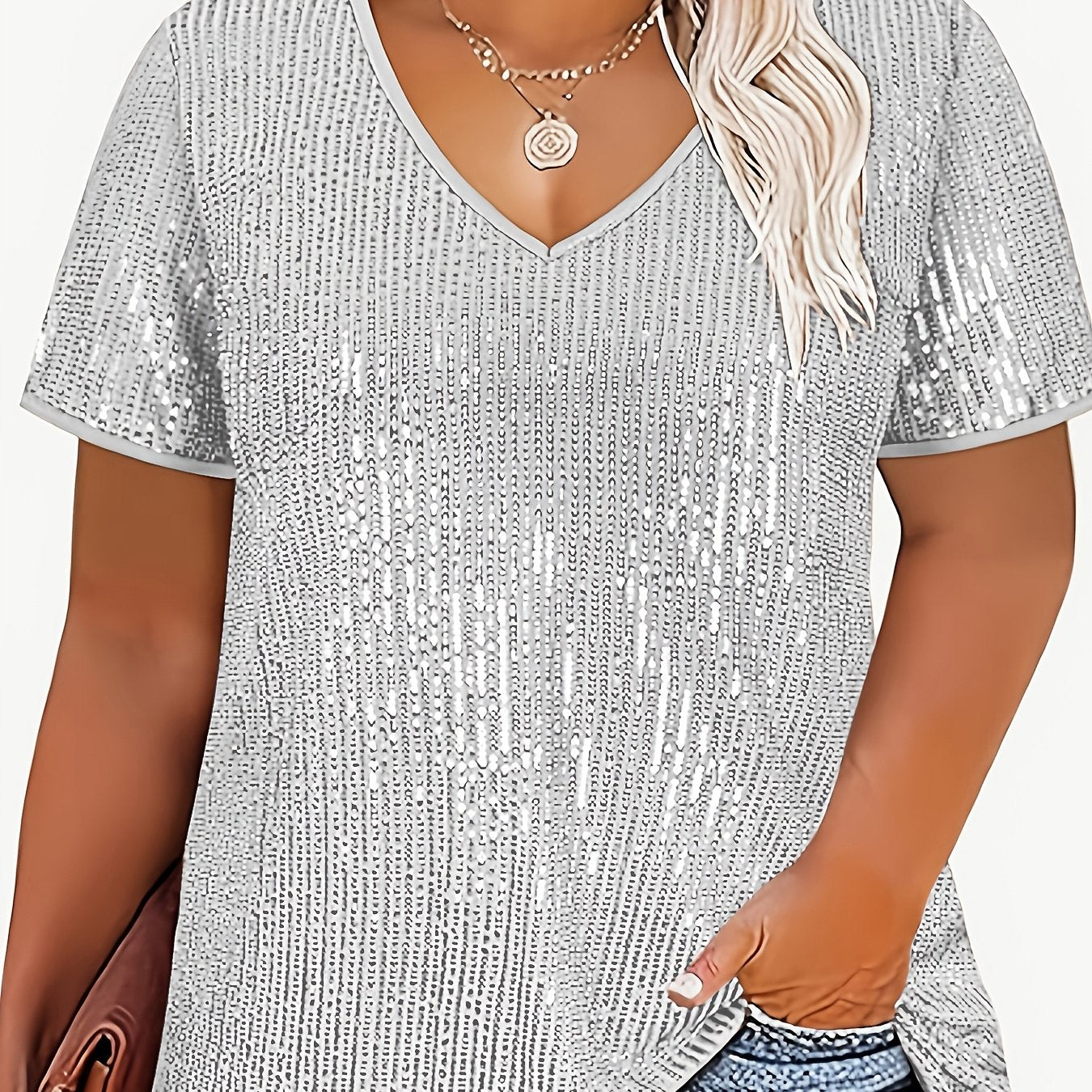 Plus Size Sequin V-Neck Blouse in Gold Yellow Polyester Short Sleeve Elegant